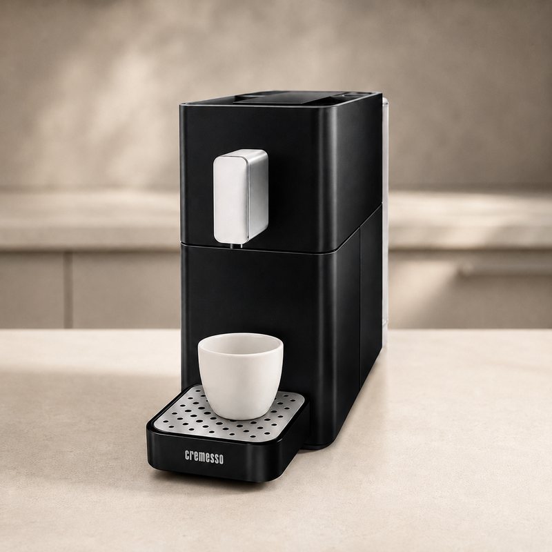 Schwarze Cremesso Kapsel-Kaffeemaschine mit Tasse — ben-Reward von ELMETIC