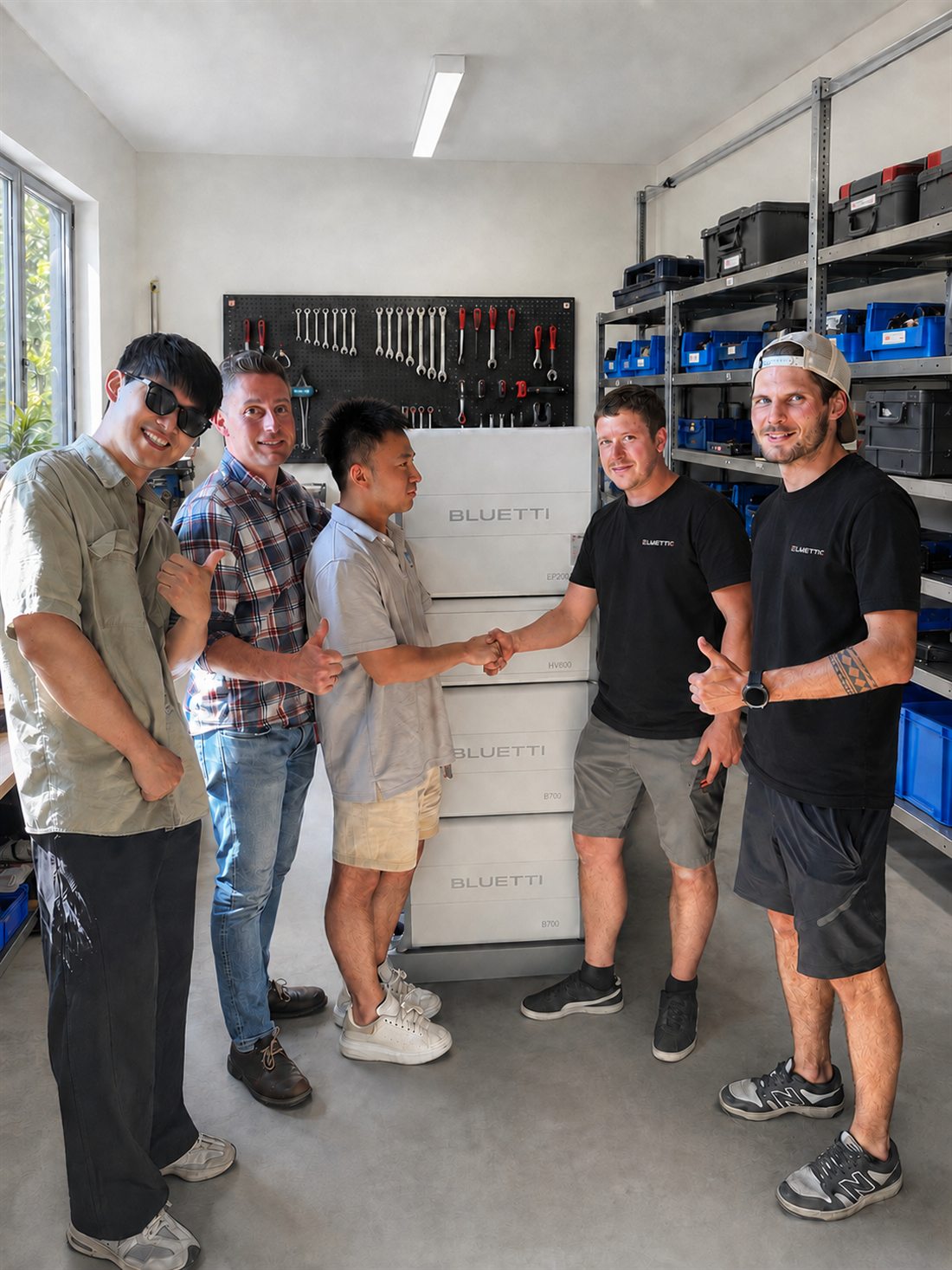 Handschlag vor einem BLUETTI EP2000-Speicher mit HV800- und B700-Modulen im Lager von ELMETIC