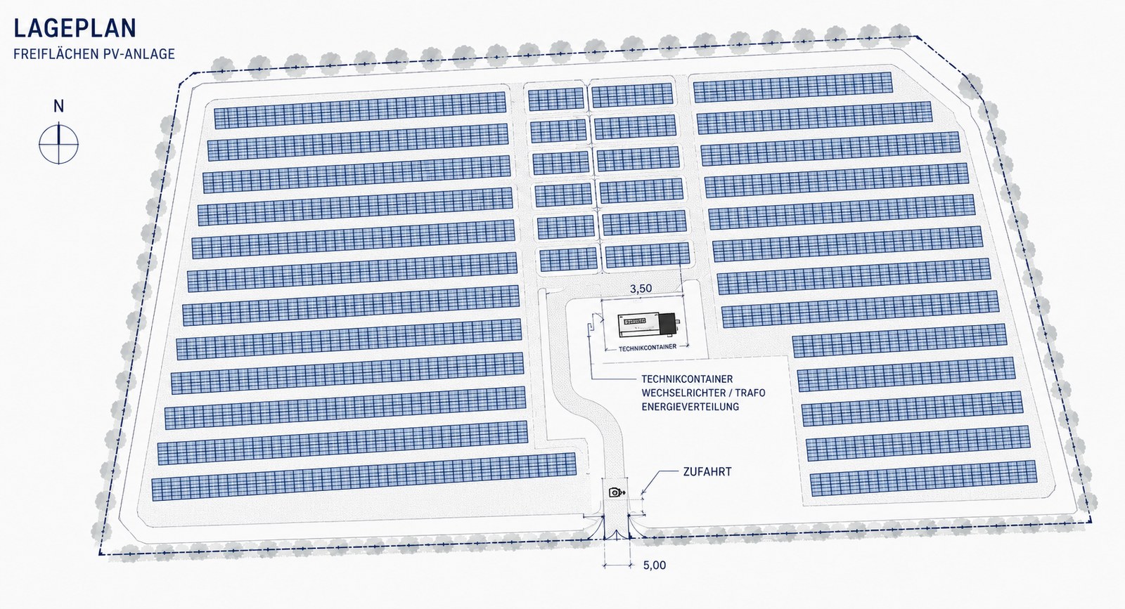 Lageplan einer Freiflächen-PV-Anlage mit Modulreihen, Technikcontainer für Wechselrichter und Trafo, Zufahrt und Einfriedung
