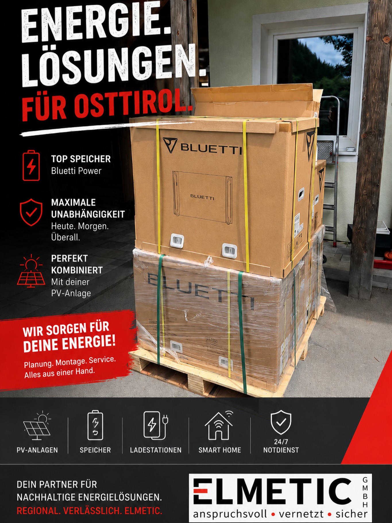 BLUETTI-Speicherlieferung auf Palette vor dem ELMETIC-Firmensitz in Leisach