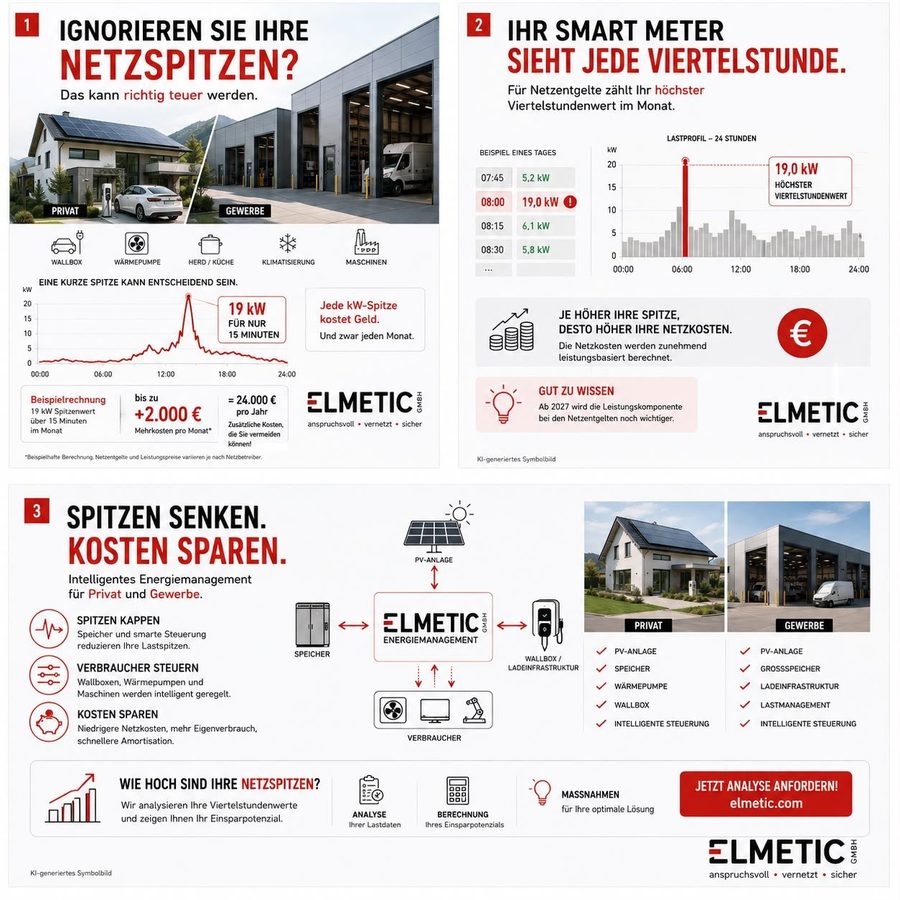 Die drei Seiten der ELMETIC-Kurzinfo zu Netzspitzen: Beispielrechnung, Lastprofil einer Viertelstunde und Maßnahmen zur Spitzenkappung