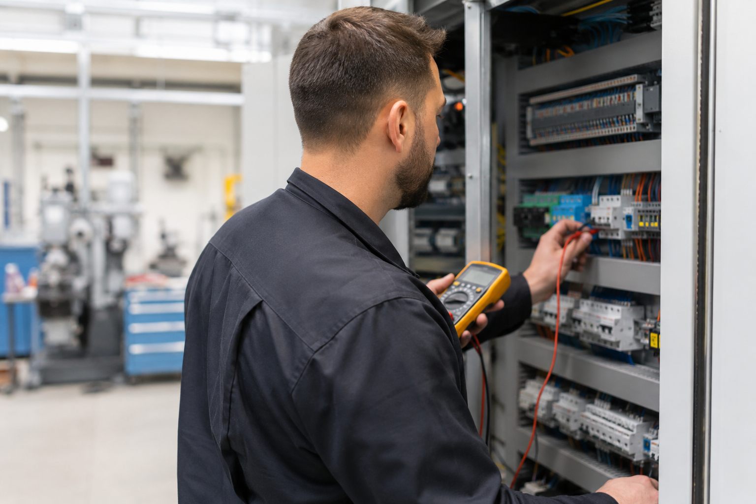 ELMETIC-Elektriker misst mit dem Multimeter am Schaltschrank – Schritt 1: die Lastprofil-Analyse
