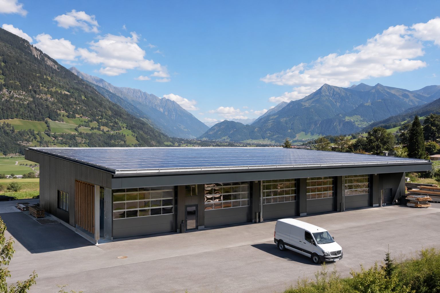 Gewerbehalle mit vollflächiger PV-Dachanlage vor Osttiroler Bergkulisse