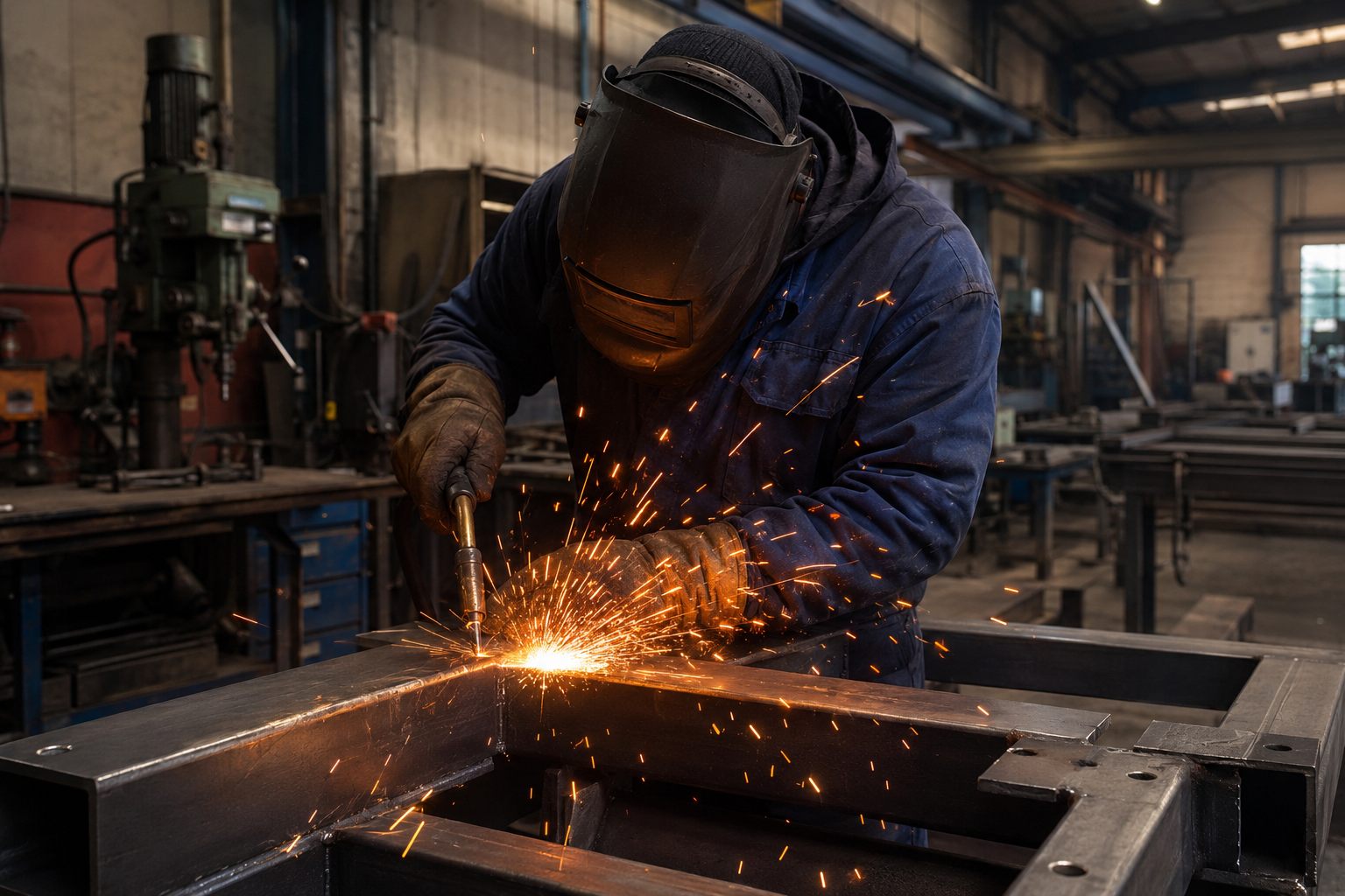 Schweißer bei der Arbeit in einer Schlosserei – Schweißgeräte gehören zu den typischen Spitzenmachern