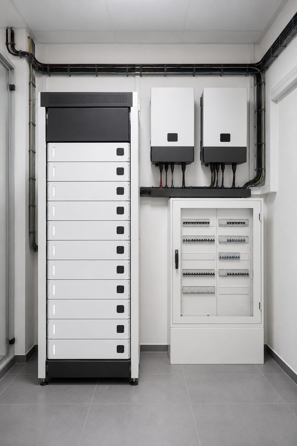 Batteriespeicher, Wechselrichter und Verteilung im Technikraum – das Herzstück des Lastmanagements