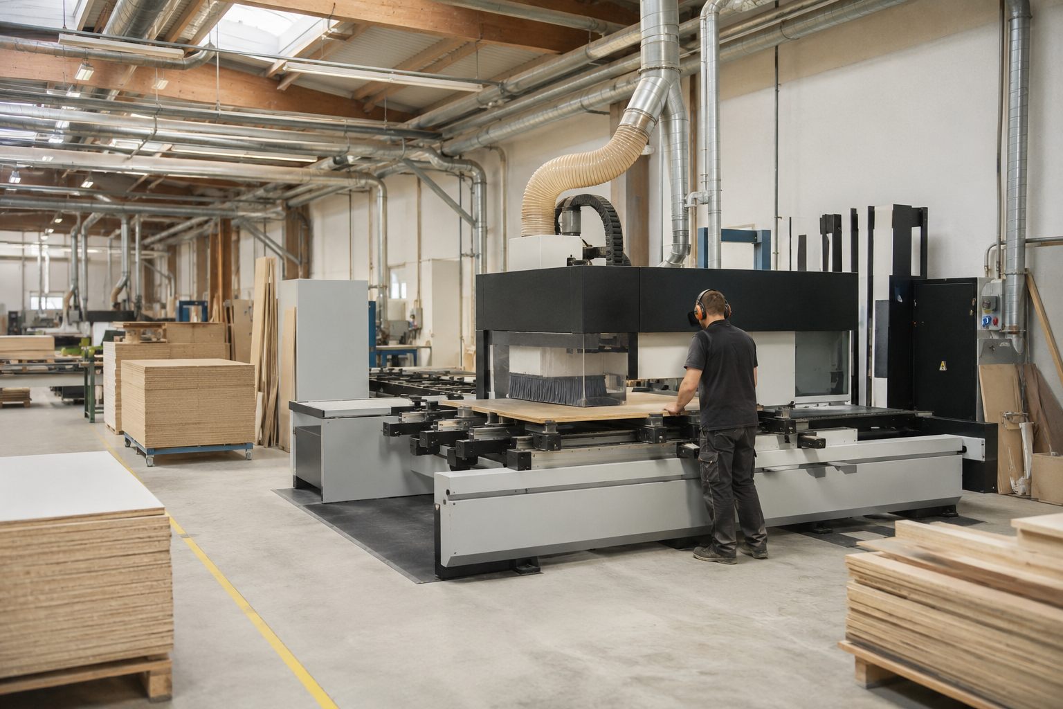 Tischler arbeitet am CNC-Bearbeitungszentrum mit Absauganlage – typische Großverbraucher in der Werkstatt